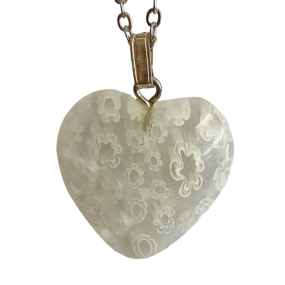 White Murano Glass Heart Necklace Millefiori Flowers Vintage Stainless Steel 18